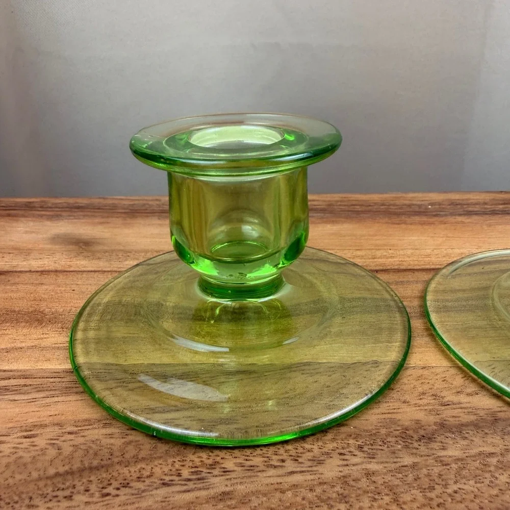 Vintage Uranium Glass Candlestick Holders‎ Green Vaseline Glass Set of 2 Glows